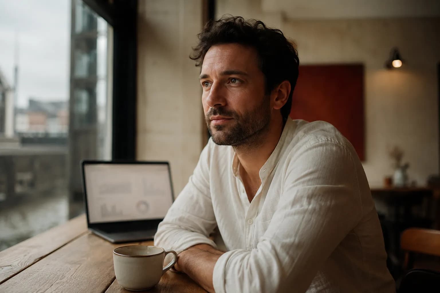 Entspannte Freelancerin im Café — Infetch erledigt die Buchhaltung automatisch
